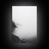 Misty Lakeshore, Foggy Forest Water, Monochrome Tranquility, Framed Canvas Print, Minimalist Art, Calm Landscape, Bedroom Wall Decor