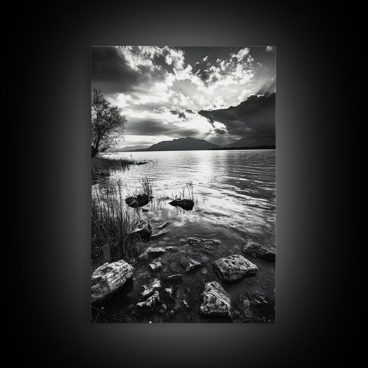 Lake Sunset View, Peaceful Mountainscape, Nature Reflection, Framed Canvas Print, Living Room Wall Art, Tranquil Scenic Landscape