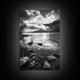 Lake Sunset View, Peaceful Mountainscape, Nature Reflection, Framed Canvas Print, Living Room Wall Art, Tranquil Scenic Landscape