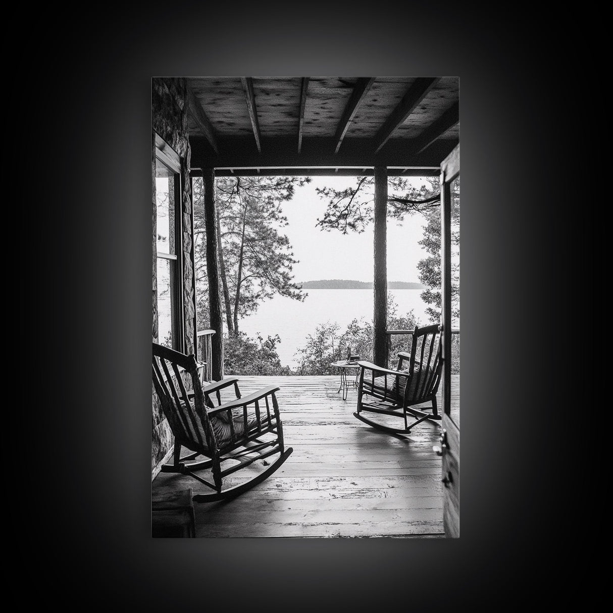 Rustic Porch View, Cabin Serenity, Lakefront Rocking Chairs, Framed Canvas Print, Farmhouse Wall Art, Living Room Decor, Fall Home Style