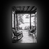 Rustic Porch View, Cabin Serenity, Lakefront Rocking Chairs, Framed Canvas Print, Farmhouse Wall Art, Living Room Decor, Fall Home Style