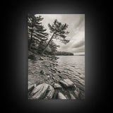 Pine Shoreline Landscape, Calm Water Trees, Autumn Mood, Canvas Print, Rustic Cabin Wall Art, Bedroom Nature Decor, Earthy Photography