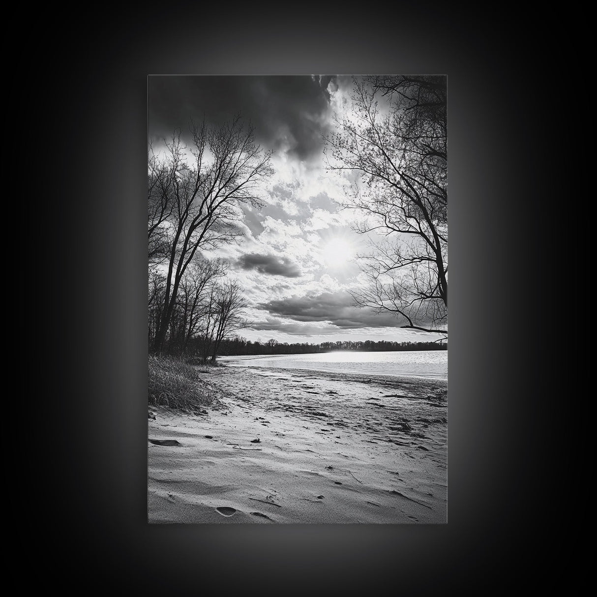 Dramatic Beach Sunset, Bare Trees Silhouette, Nature Photography, Framed Canvas Print, Fall Wall Art, Entryway Decor, Rustic Minimalist
