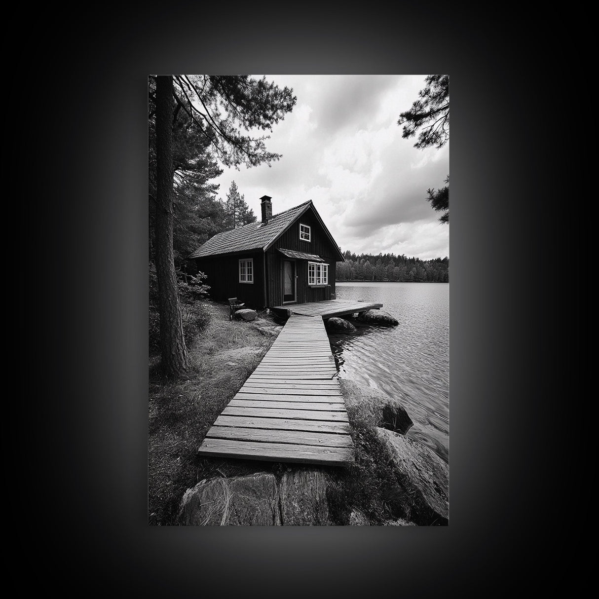 Lake Cabin Path, Nordic Forest Retreat, Nature Escape, Canvas Print, Cozy Wall Art, Scandinavian Decor, Fall Rustic Living Room Art