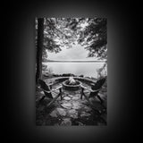 Campfire Lake Night, Adirondack Chairs, Wilderness Glow, Framed Canvas Print, Outdoor Living Wall Art, Cabin Decor, Autumn Retreat Art