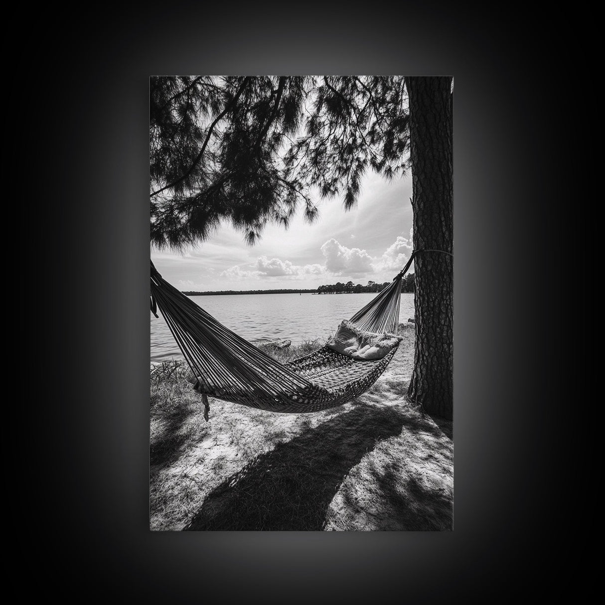 Hammock Lake View, Peaceful Retreat, Summer Breeze, Canvas Print, Boho Outdoor Art, Bedroom Relaxation Decor, Minimalist Coastal Vibe