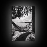 Hammock Lake View, Peaceful Retreat, Summer Breeze, Canvas Print, Boho Outdoor Art, Bedroom Relaxation Decor, Minimalist Coastal Vibe