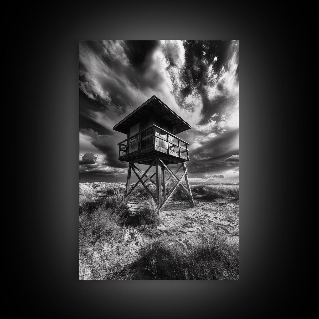 Lifeguard Tower Drama, Windy Beach Sky, Ocean Landscape, Canvas Print, Coastal Wall Art, Moody Surreal Decor, Living Room Statement Art