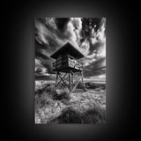 Lifeguard Tower Drama, Windy Beach Sky, Ocean Landscape, Canvas Print, Coastal Wall Art, Moody Surreal Decor, Living Room Statement Art