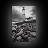 Lighthouse Shore Rocks, Coastal Beacon, Moody Clouds, Framed Canvas Print, Nautical Wall Art, Rustic Beach House Decor, Fall Storm Style
