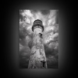 Stormy Lighthouse Closeup, Dramatic Skies, Weathered Beacon, Canvas Print, Coastal Decor, Dark Nautical Wall Art, Moody Ocean Theme