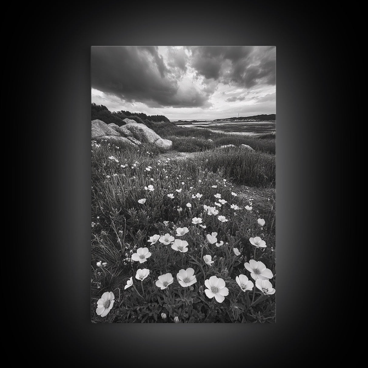 Meadow Bloom, Coastal Flowers, Stormy Sky, Framed Canvas Print, Spring Wall Art, Nature Photography, Kitchen Botanical Decor