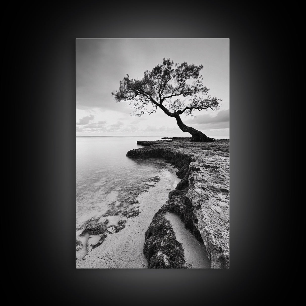 Coastal Tree Silhouette, Serene Nature Art, Ocean Wall Scene, Framed Canvas Print, Beach House Decor, Minimalist Design