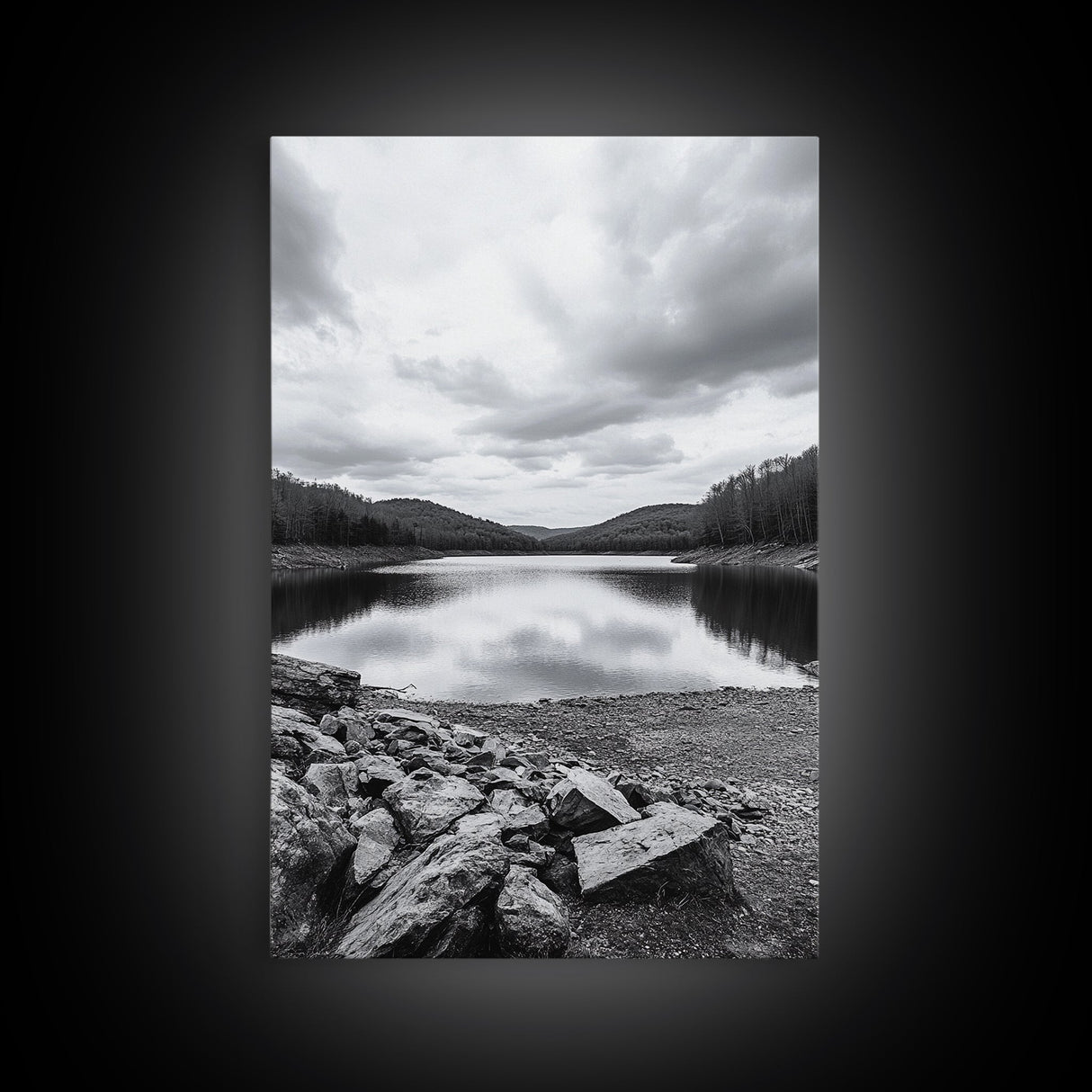 Misty Lake View, Peaceful Reflections, Nature Tranquility, Framed Canvas Print, Bedroom Wall Art, Black and White Landscape, Minimalist Art