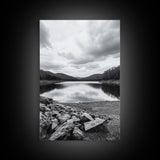 Misty Lake View, Peaceful Reflections, Nature Tranquility, Framed Canvas Print, Bedroom Wall Art, Black and White Landscape, Minimalist Art