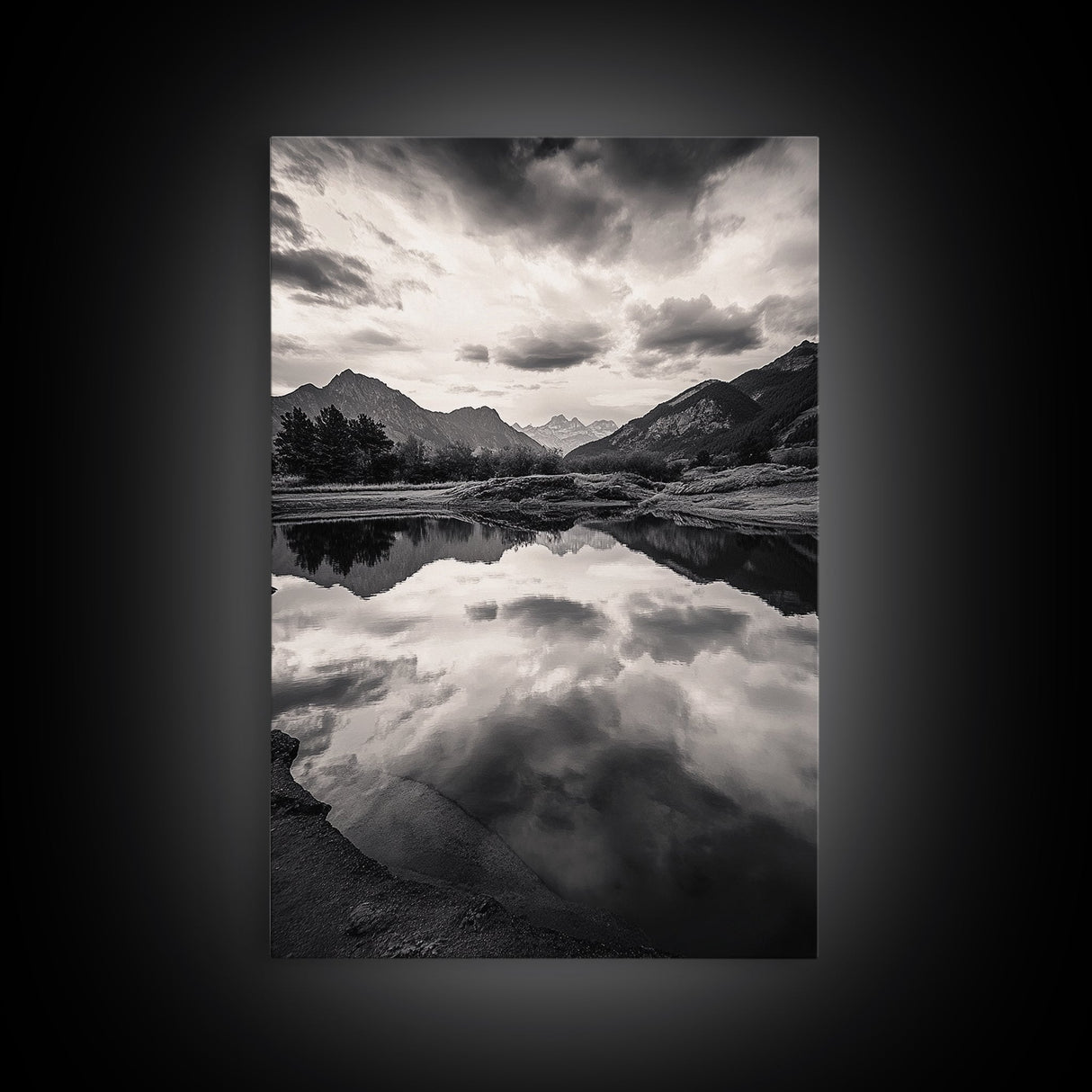 Alpine Reflections, Dramatic Skies, Mountain Serenity, Canvas Print, Living Room Wall Art, Moody Landscape Photography, Monochrome Decor
