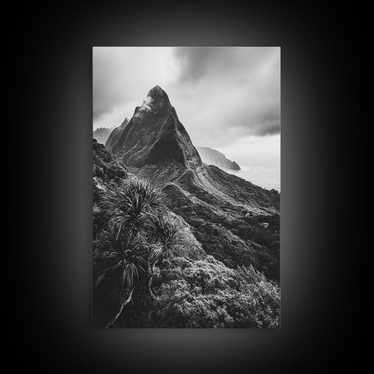 Lush Mountain Range, Cloud Covered Peaks, Jungle Tranquility, Framed Canvas Print, Entryway Wall Art, Black and White Nature, Boho Wall Art