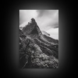 Lush Mountain Range, Cloud Covered Peaks, Jungle Tranquility, Framed Canvas Print, Entryway Wall Art, Black and White Nature, Boho Wall Art