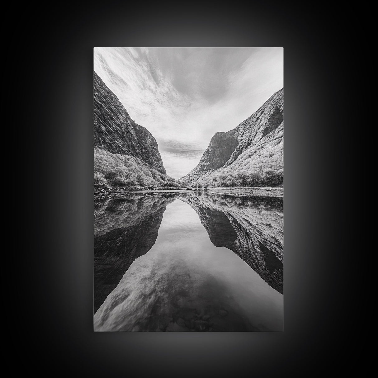Fjord Reflection, Mountain Valley Calm, Mirror Lake, Canvas Print, Hallway Wall Art, Scandinavian Style Art, Black and White Minimalist