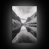 Fjord Reflection, Mountain Valley Calm, Mirror Lake, Canvas Print, Hallway Wall Art, Scandinavian Style Art, Black and White Minimalist