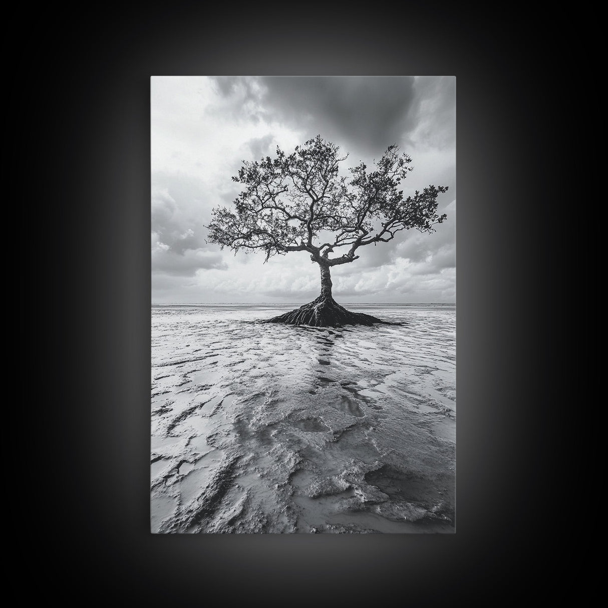 Lonely Tree, Coastal Roots, Ocean Breeze, Framed Canvas Print, Entryway Wall Art, Moody Nature Photography, Minimalist Earth Tones