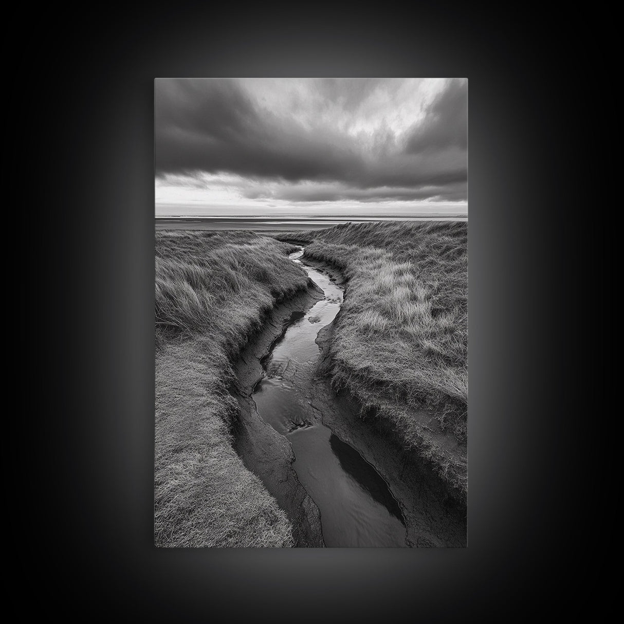 Winding Stream, Grassy Dunes, Ocean Horizon, Canvas Print, Kitchen Wall Art, Black and White Nature Scene, Coastal Rustic Decor