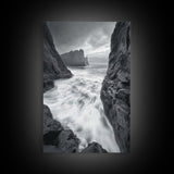 Stormy Coast, Crashing Waves, Ocean Drama, Framed Canvas Print, Living Room Wall Art, Bold Seascape Photography, Monochrome Modern Art