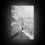 Man On Shore, Thoughtful Walk, Ocean Wanderer, Framed Canvas Print, Minimalist Fall Art, Bedroom Decor, Moody Coastal Scene