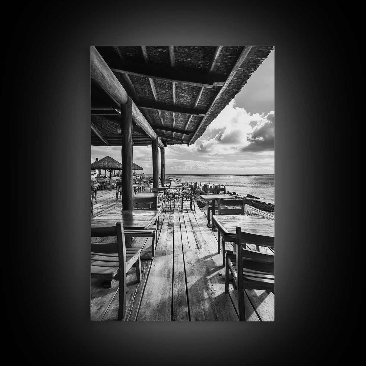Seaside Café, Coastal Patio, Ocean View, Canvas Print, Rustic Kitchen Wall Art, Tropical Dining Decor, Travel Lifestyle Art