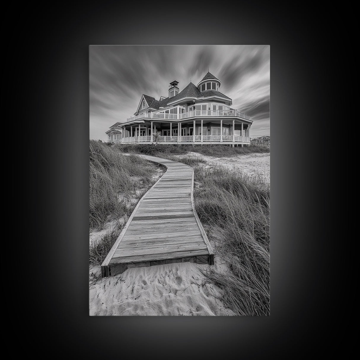 Beach House, Boardwalk Path, Coastal Architecture, Framed Canvas Print, Hallway Wall Art, Neutral Tones, Minimalist Coastal Style