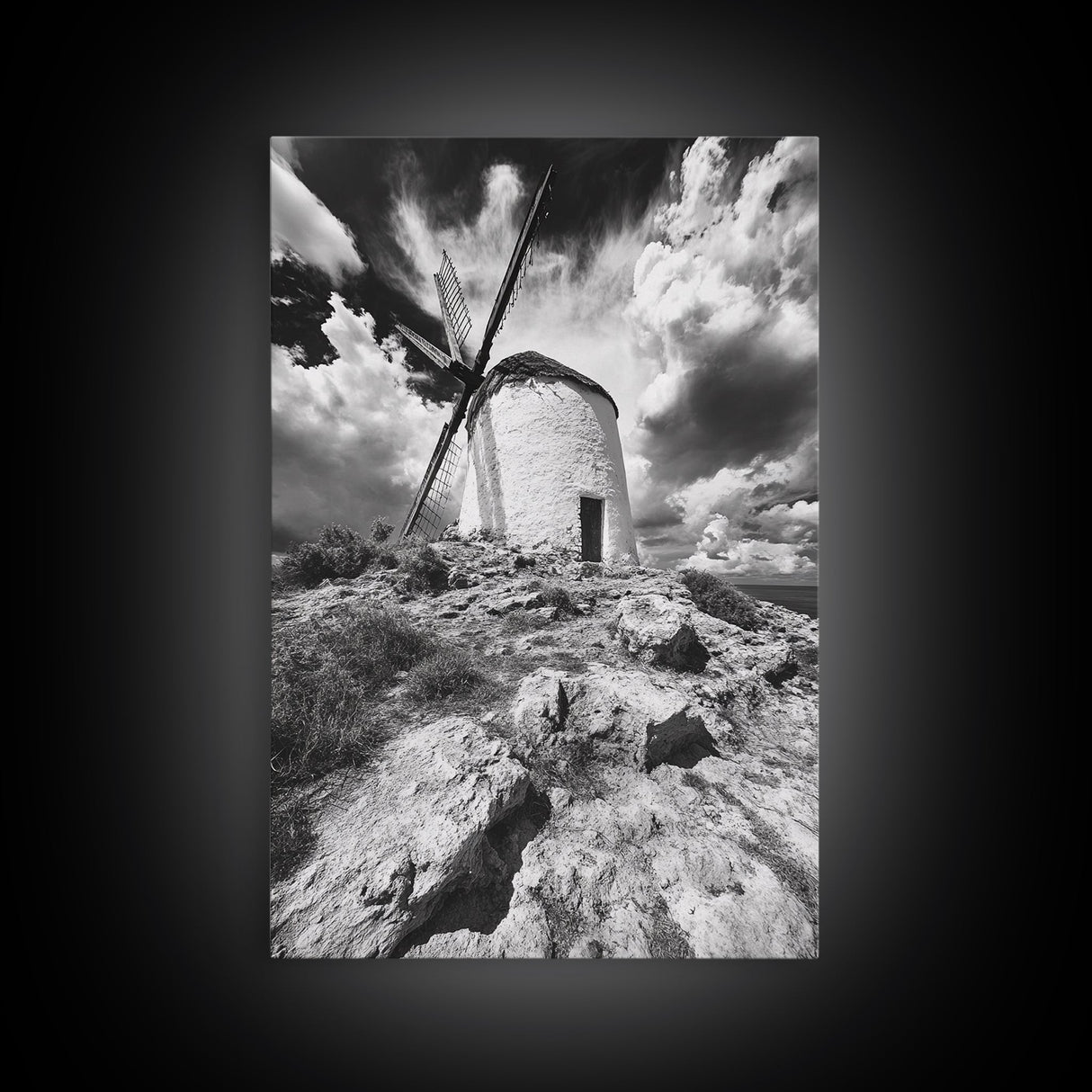 Windmill Hill, Dramatic Sky Art, European Landscape, Framed Canvas Print, Entryway Wall Art, Rustic Decor, Monochrome Photography