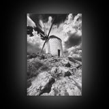 Windmill Hill, Dramatic Sky Art, European Landscape, Framed Canvas Print, Entryway Wall Art, Rustic Decor, Monochrome Photography