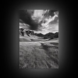 Mountain Valley, Stormy Sky, Western Landscape, Framed Canvas Print, Office Wall Art, Moody Nature Decor, Fall Art, Wilderness Style