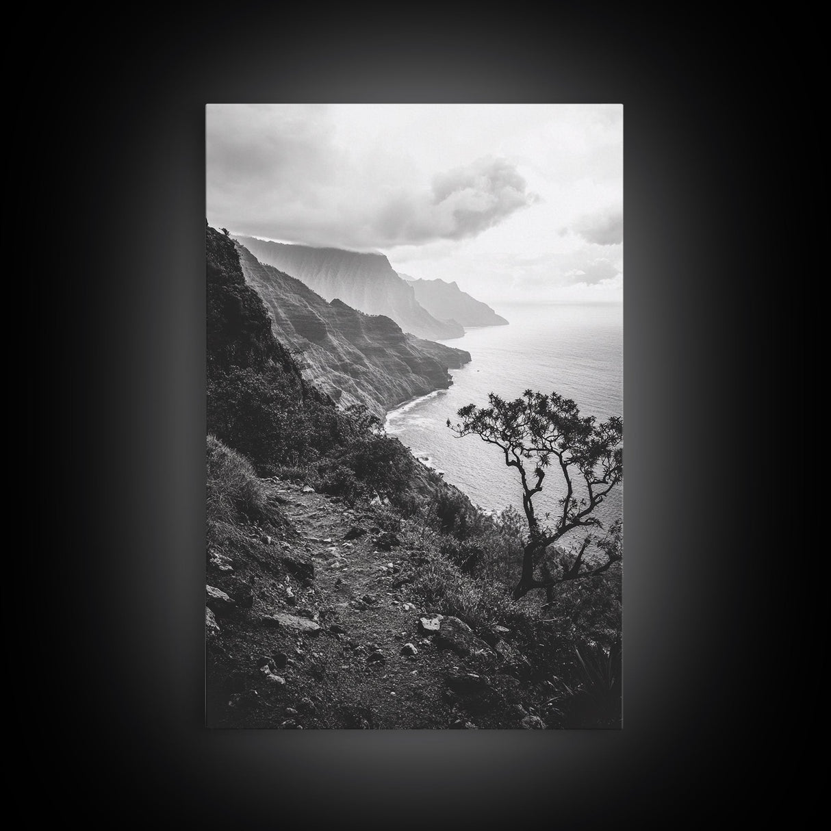 Coastal Cliff, Ocean Horizon, Hiking Trail, Framed Canvas Print, Nature Photography, Boho Wall Art, Living Room Decor, Minimalist Earth Tones