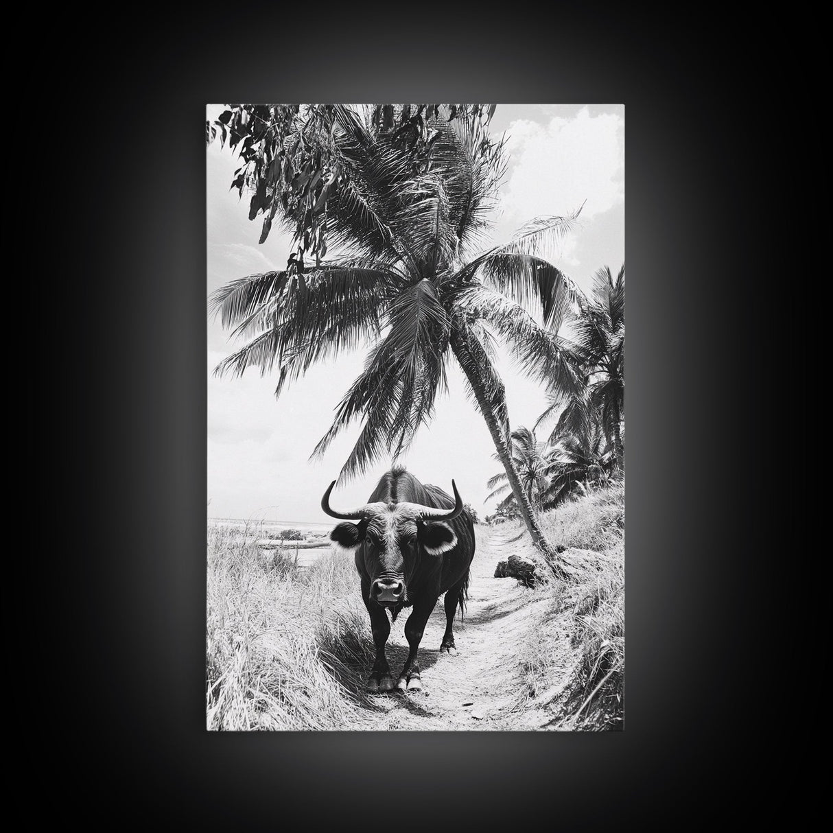 Tropical Bull, Palm Tree, Island Wildlife, Rural Photography, Framed Canvas Print, Kitchen Wall Art, Exotic Boho Decor, farmhouse decor