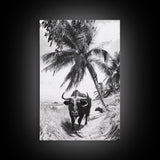Tropical Bull, Palm Tree, Island Wildlife, Rural Photography, Framed Canvas Print, Kitchen Wall Art, Exotic Boho Decor, farmhouse decor