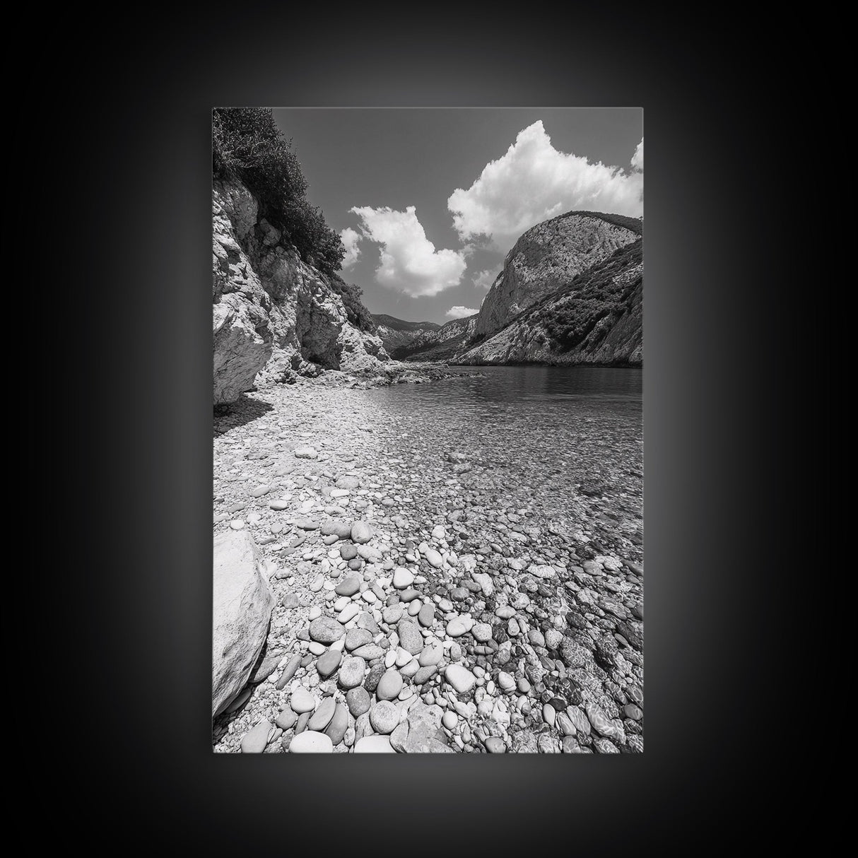 Rocky Beach, Crystal Water, Mountain Backdrop, Framed Canvas Print, tranquil lake art, minimalist decor, natural wall art