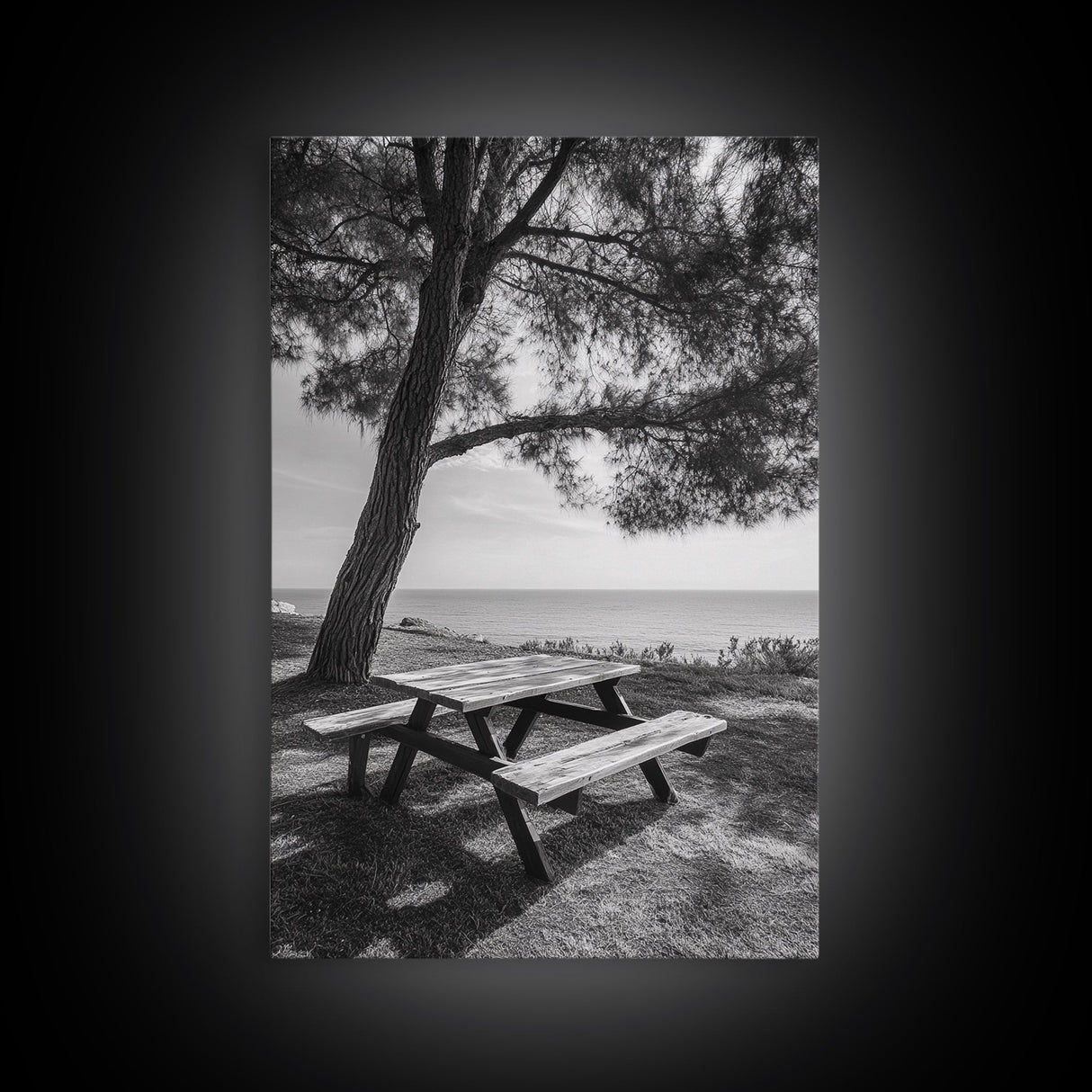 Seaside Bench, Peaceful Escape, Shaded Picnic, Canvas Print, nature photography, coastal wall art, relaxing ocean decor, Minimalist Decor