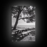 Seaside Bench, Peaceful Escape, Shaded Picnic, Canvas Print, nature photography, coastal wall art, relaxing ocean decor, Minimalist Decor