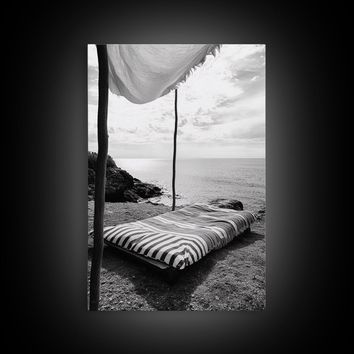Seaside Nap, Minimal Daybed, Coastal Shade, Serene Moment, Canvas Print, Beach Bedroom Decor, Boho Seaside Art, Coastal Wall Style