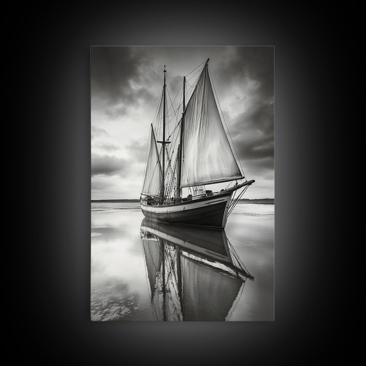 Sailboat Reflections, Calm Waters, Stormy Sky, Canvas Print, Nautical Wall Art, Office or Den Decor, Classic Maritime Photography