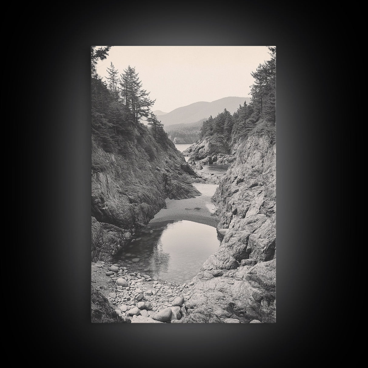 Forest Coast, Rocky Shore, Ocean View, Framed Canvas Print, Serene Nature Wall Art, Bathroom or Hallway Decor, Pacific Northwest Style