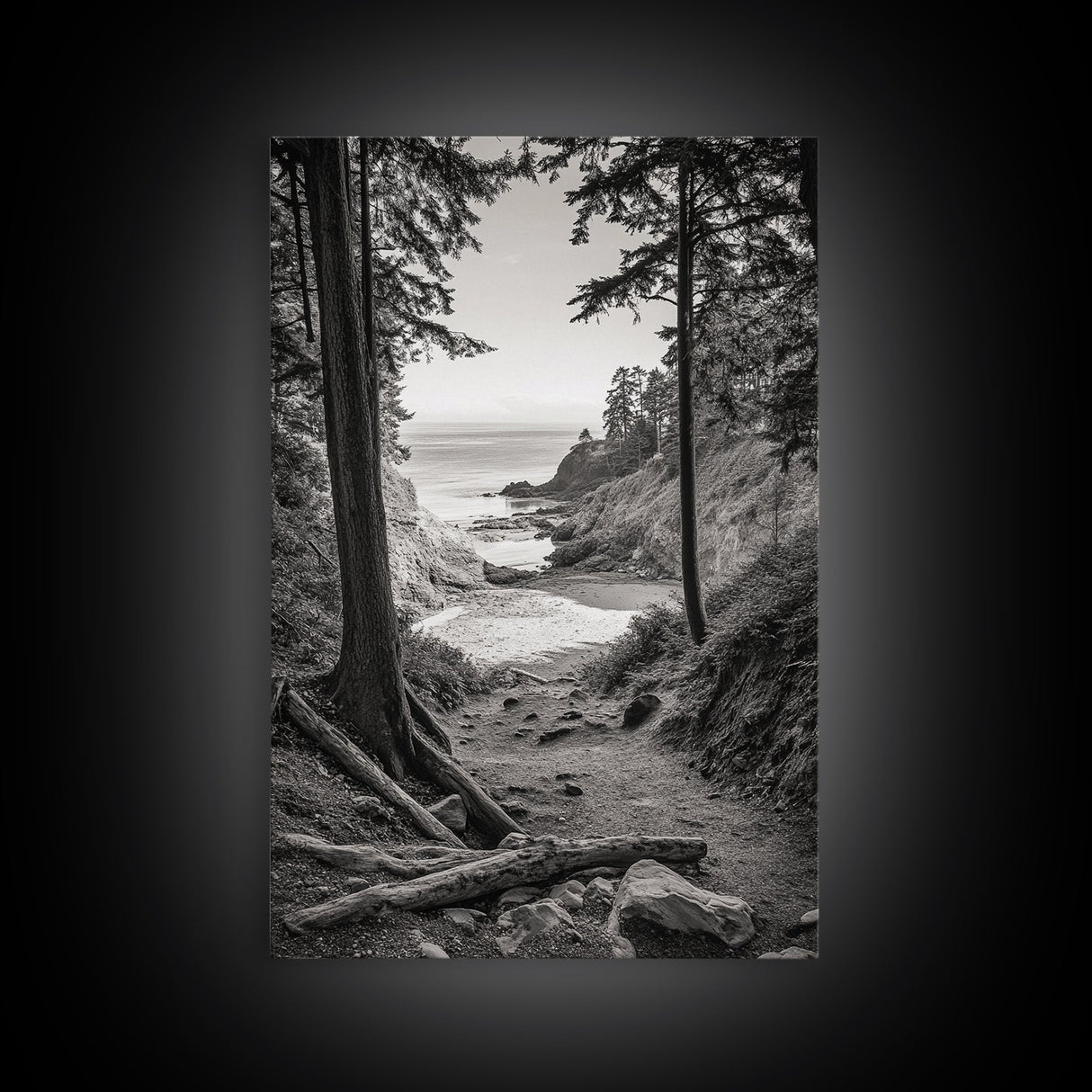 orest Cove, Ocean View, Pacific Trail, Framed Canvas Print, Coastal Nature Wall Art, Entryway Decor, Earthy Minimalist Photography