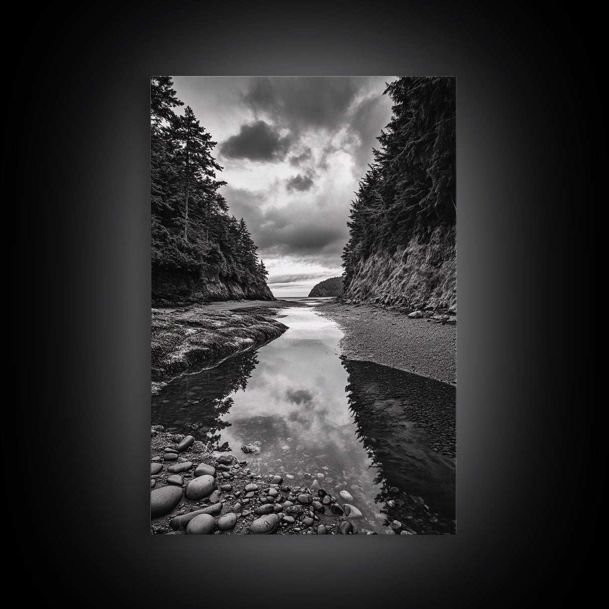 Tide Pool, Forest Reflection, Coastal Calm, Framed Canvas Print, Black White Nature Art, Bathroom or Bedroom Decor, Tranquil Scene