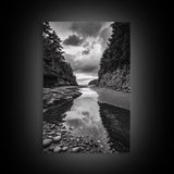 Tide Pool, Forest Reflection, Coastal Calm, Framed Canvas Print, Black White Nature Art, Bathroom or Bedroom Decor, Tranquil Scene