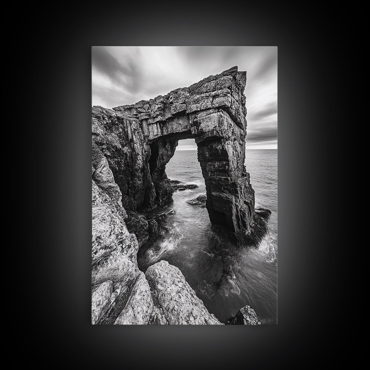Sea Arch, Coastal Rock, Ocean Cliffside, Canvas Print, Dramatic Nature Wall Art, Living Room or Office Decor, Black White Seascape