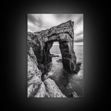 Sea Arch, Coastal Rock, Ocean Cliffside, Canvas Print, Dramatic Nature Wall Art, Living Room or Office Decor, Black White Seascape