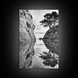 Reflected Trees, Peaceful Cove, Monochrome Seascape, Tranquil Decor, Framed Canvas Print, Zen Wall Art, Entryway Print, Coastal Calm