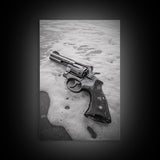 Revolver Beach, Washed Ashore, Western Style, Noir Photography, Framed Canvas Print, Industrial Wall Art, Man Cave Decor, Rustic Vibes