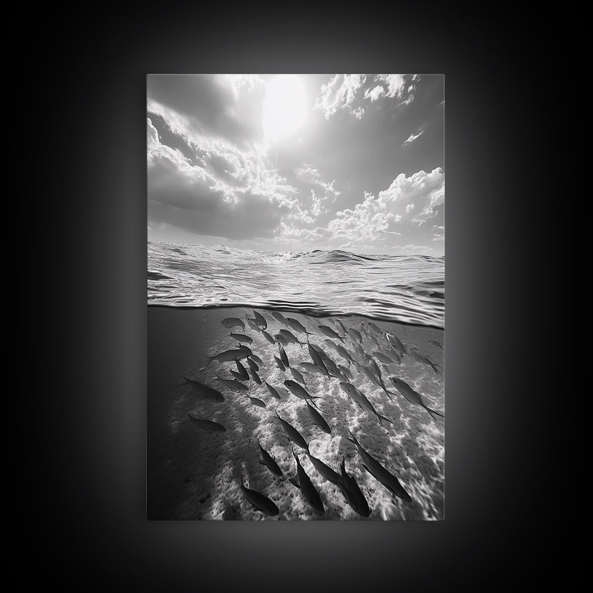 Underwater Scene, School of Fish, Ocean Photography, Split Shot Water, Framed Canvas Print, Bathroom Wall Art, Coastal Decor